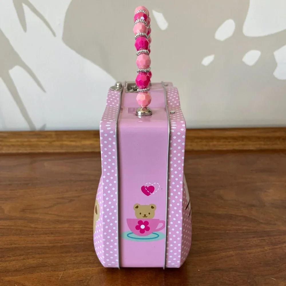 Hello Kitty Pink Tin Purse Storage Box Jeweled Handle 2014 Teddy Bear Tea Sanrio